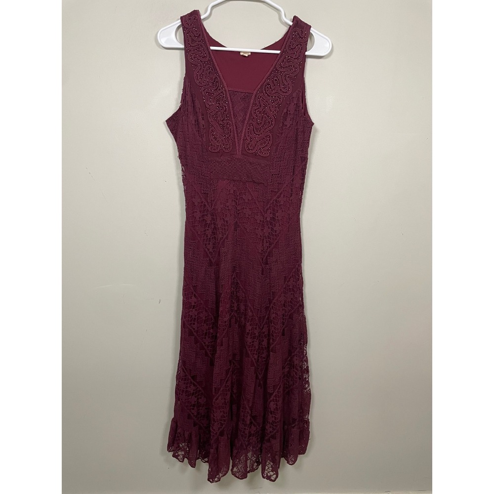 Reba‎ Burgundy Lace Sleeveless Midi Dress Size Medium Western Boho Romantic
